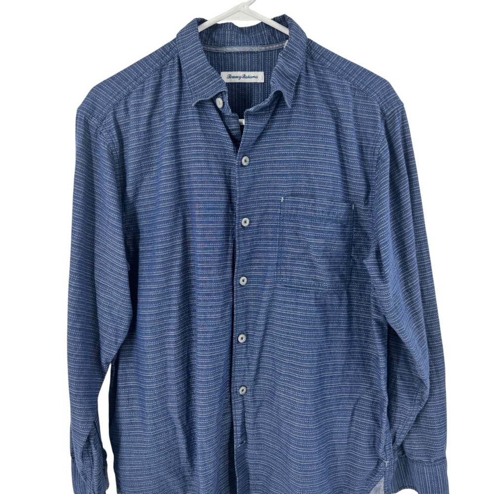 Tommy Bahama Mens Blue White Striped Dobby Cotton Long Sleeve Button Down  M - Picture 2 of 10